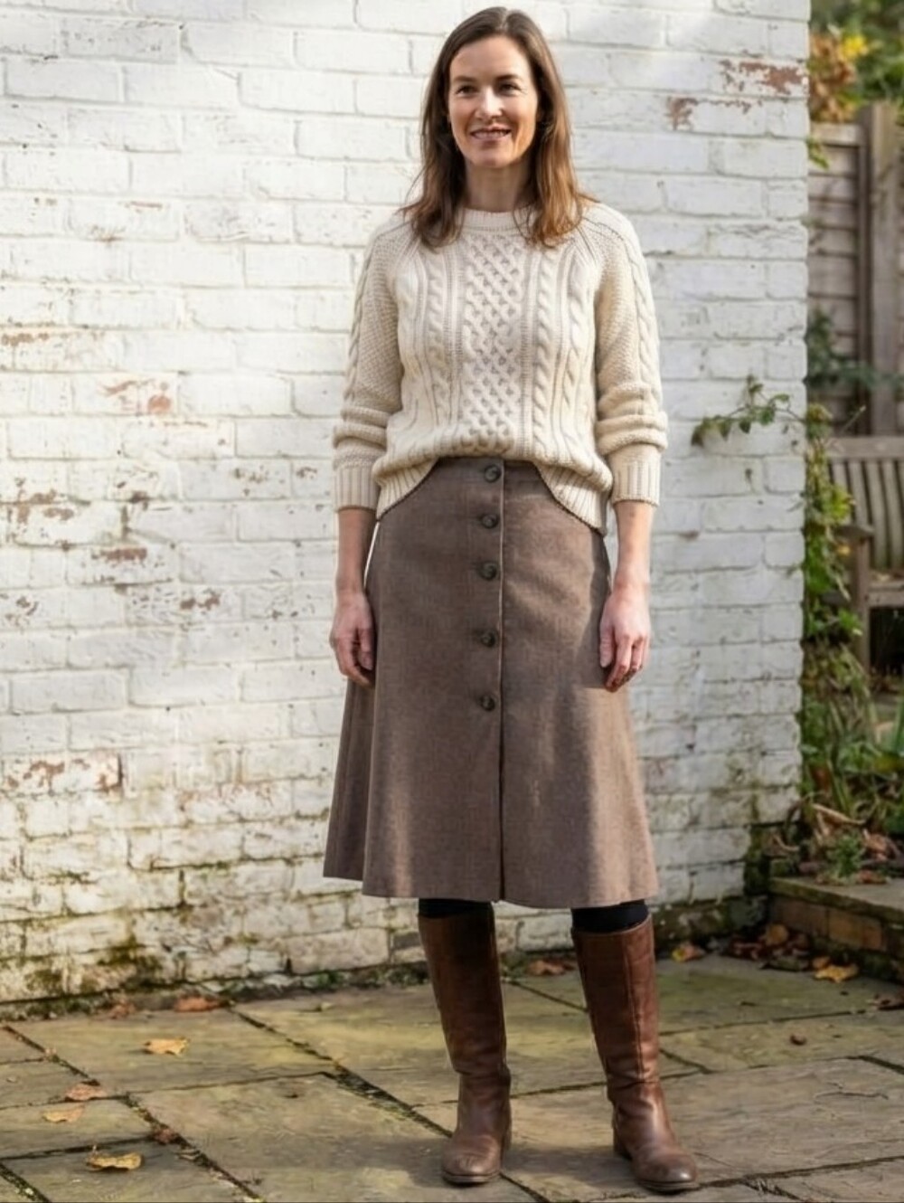VTG Taupe Wool Blend Button Front Midi Skirt Satin Lined A Line Small